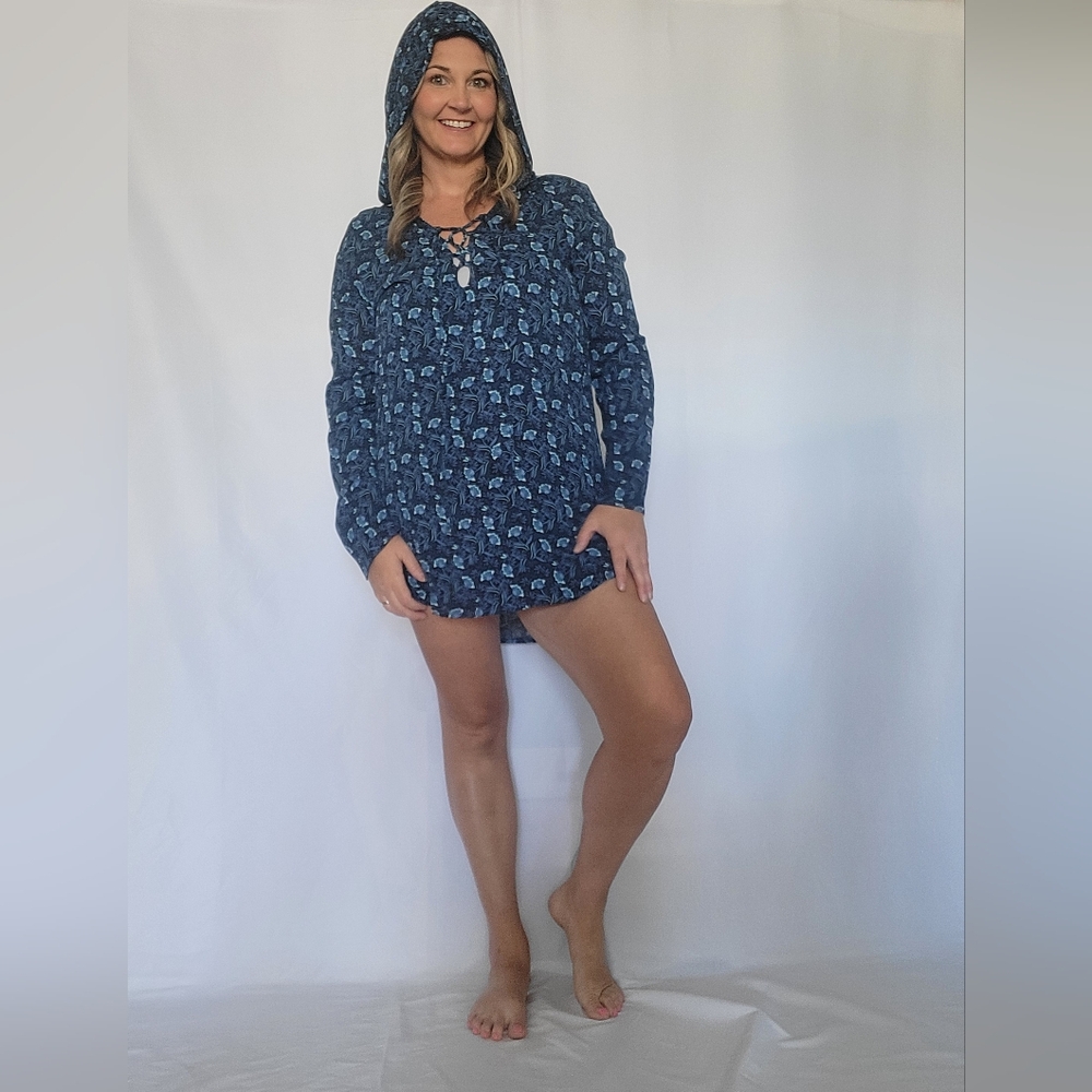 Raisins Blue Floral Swim Cover with Tie Up Front and Hood.